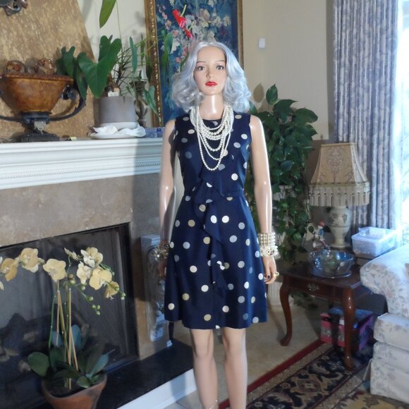 Kate Spade Navy Blue Multi Polka Dot Belted A Line Dress w/Front Ruffle Size 0 - Picture 3 of 16
